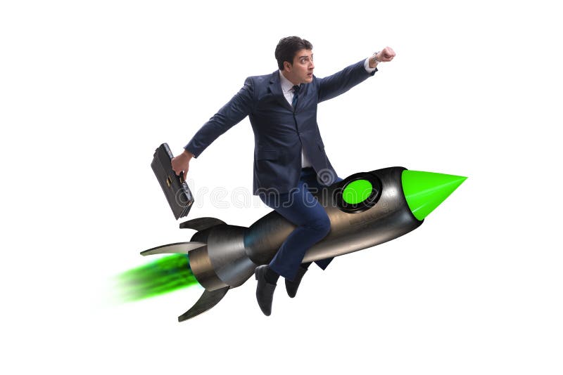 Das männliche Geschäftsmannfliegen auf Rakete im Geschäftskonzept stockbild Das männliche Geschäftsmannfliegen auf Rakete im Geschäftskonzept stockbild