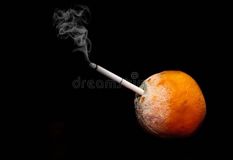 Das Rauchen tötet Bild der faulen Orange auf einem schwarzen Hintergrund lizenzfreie stockfotos Das Rauchen tötet Bild der faulen Orange auf einem schwarzen Hintergrund lizenzfreie stockfotos