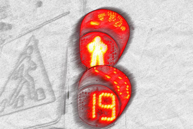 Das rote Licht der Ampel auf dem Fußgängerübergang eines menschlichen Schattenbildes und des Zählers, der was zeigt, auf zu w lizenzfreie stockfotos Das rote Licht der Ampel auf dem Fußgängerübergang eines menschlichen Schattenbildes und des Zählers, der was zeigt, auf zu w lizenzfreie stockfotos
