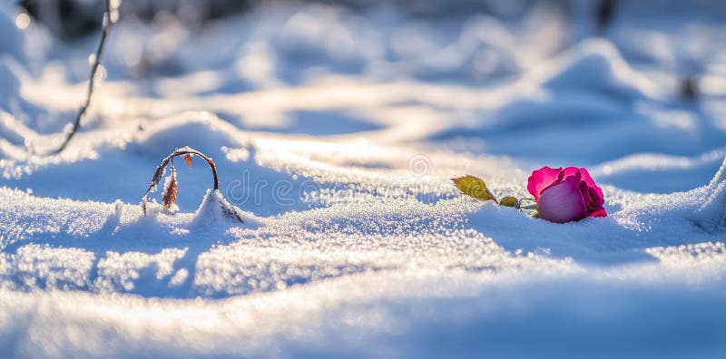 Das sanfte Sonnenlicht erhellt eine zarte Rose, die auf einer unberührten Winterschneeschicht ruht lizenzfreie stockfotografie
