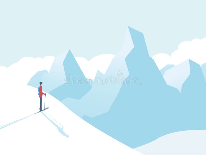 Das Ski fahren in den Bergen vector Illustration mit Skifahrer und hohe Spitzen im Hintergrund Wintersportlandschaft lizenzfreie abbildung Das Ski fahren in den Bergen vector Illustration mit Skifahrer und hohe Spitzen im Hintergrund Wintersportlandschaft lizenzfreie abbildung