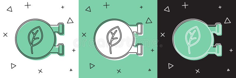 Das Symbol des Ökoshops auf weißem und grünem schwarzem Hintergrund isoliert. Zeichen für Bio-Shop oder Ökoprodukte. Vektor stock abbildung