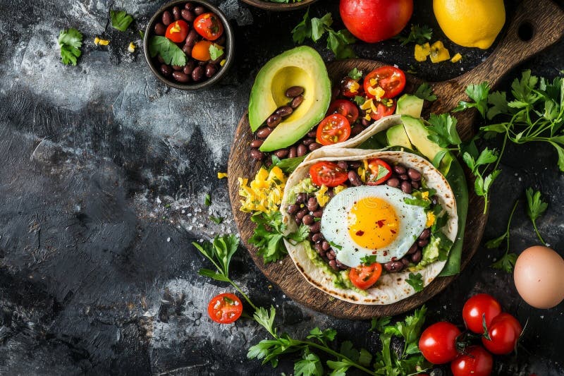 Das ultimative tragbare Frühstücksburrito voll gegrillter Eier schwarzer Bohnen avocado salsa und ganzegrain lizenzfreie stockbilder