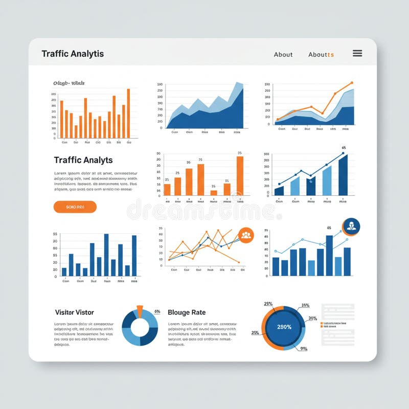 dashboard mockup showing visual content analytics with engagement metrics and A/B test comparison charts in orange and blue
