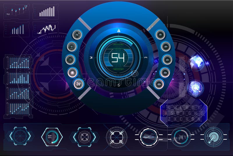 Dashboard digitale che visualizza indicatori di visualizzazione e navigazione dei dati con elementi di progettazione futuristici illustrazione di stock