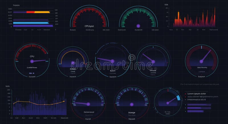 Dashboard featuring various data visualization elements on a dark grid background. royalty free illustration