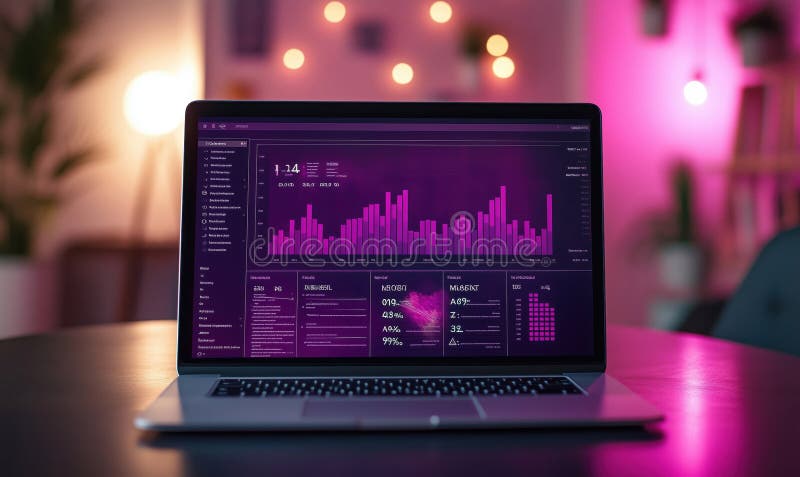 Dashboard per la visualizzazione dei dati sullo schermo del laptop con fondo viola e luci vibranti. Generato dall'AI