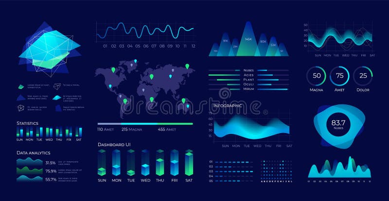 Dashboard UI. Futuristic data panel with user interface elements, diagrams and charts. Vector data analytic and vector illustration