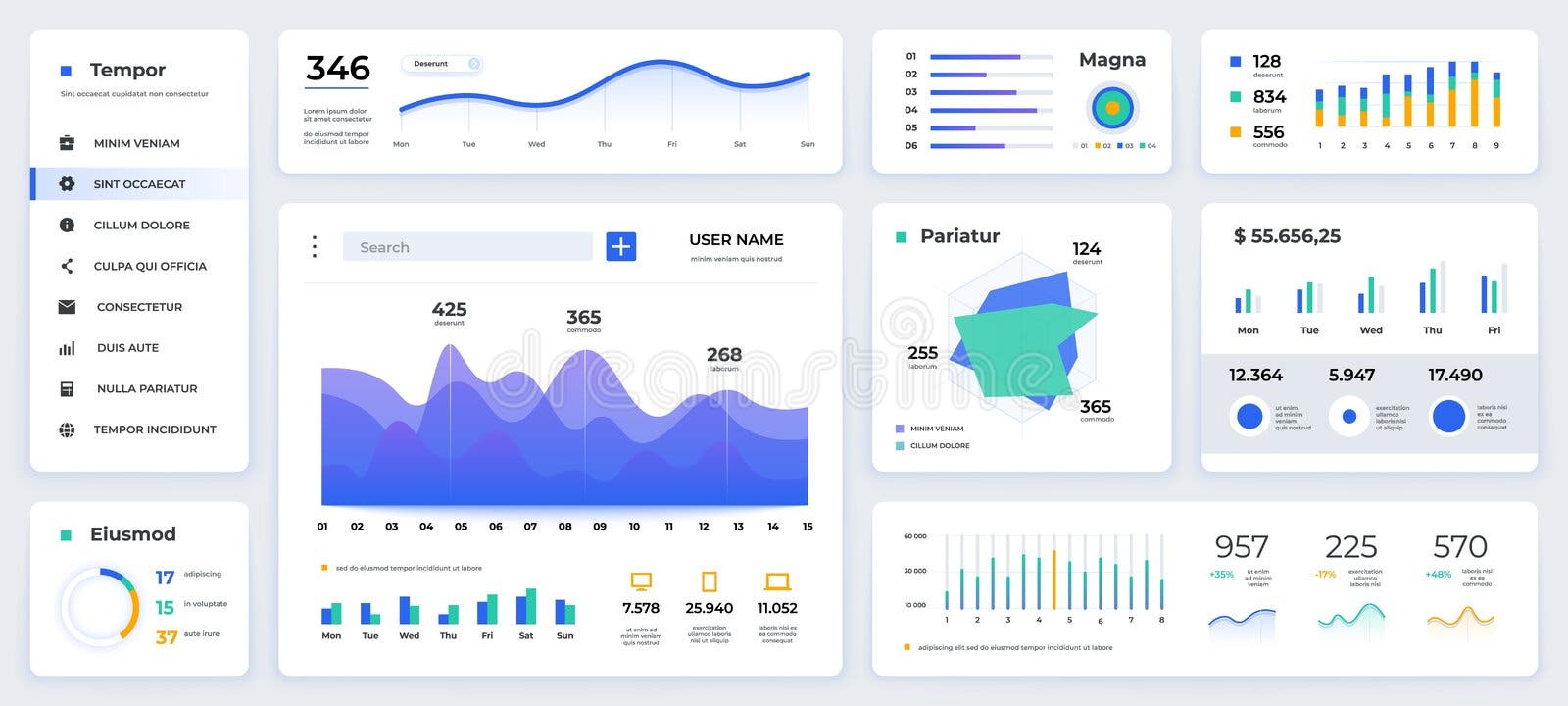 Ui Dashboard. Ux App Kit with Finance Graphs, Pie Chart and Column ...