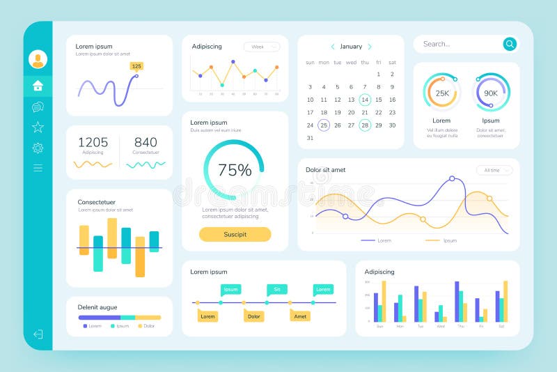 Dashboard UI. Simple data software, chart and HUD diagrams, admin panels. Modern financial application interface stock illustration