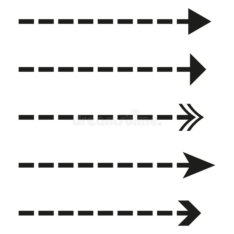 Dashed arrow set. Direction indicator group. Simple vector pointer. Horizontal motion concept. stock illustration