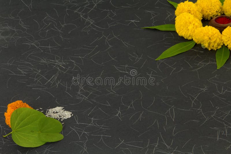 Dashera Festival Apta leaf with flower rangoli stock photos
