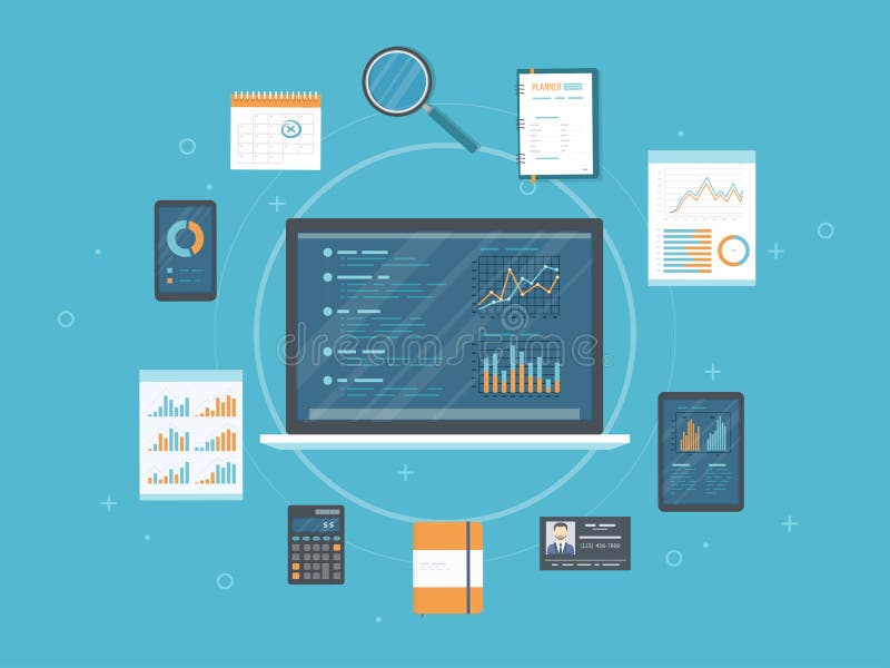 Data analysis, analytics, auditing, research. Web and online mobile service. Documents, charts graphs on screens of a laptop phone stock illustration Data analysis, analytics, auditing, research. Web and online mobile service. Documents, charts graphs on screens of a laptop phone stock illustration