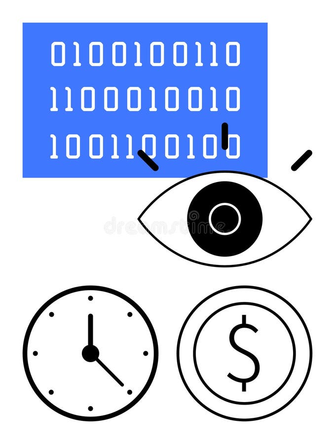 Data Analysis Concept with Eye, Binary Code, Clock, and Money Symbol vector illustration