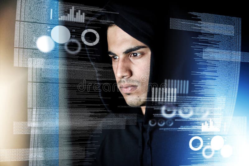 Data analysis, digital overlay and man, hacker or programmer in night hacking, programming or fintech crime. Software royalty free stock photography