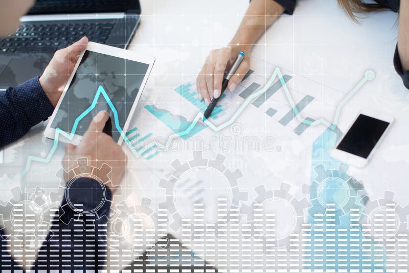 Data analysis graph on virtual screen. Business finance and technology concept.