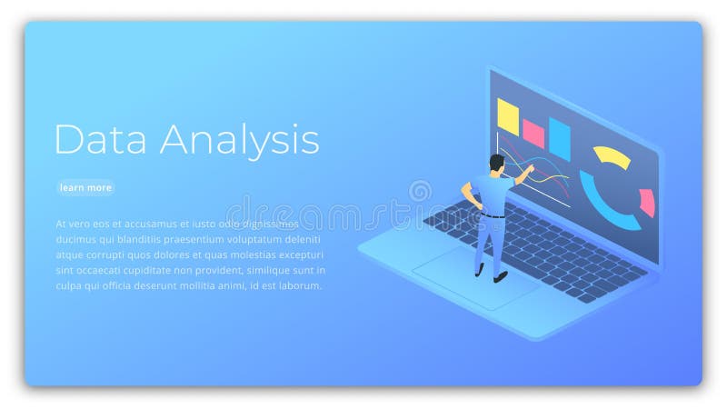 Data analysis. Isometric illustration of man analyzing and managing data. Data processing futuristic technology vector illustration