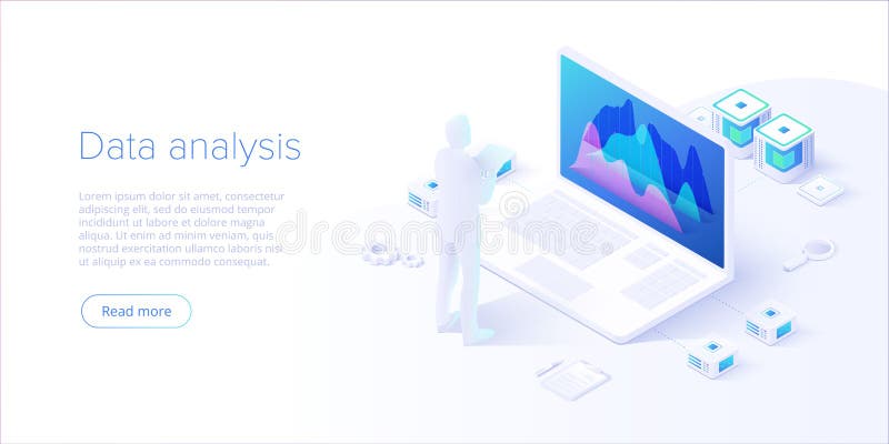 Data analysis in isometric vector design. Technician in datacenter or data center room background. Network mainframe stock illustration