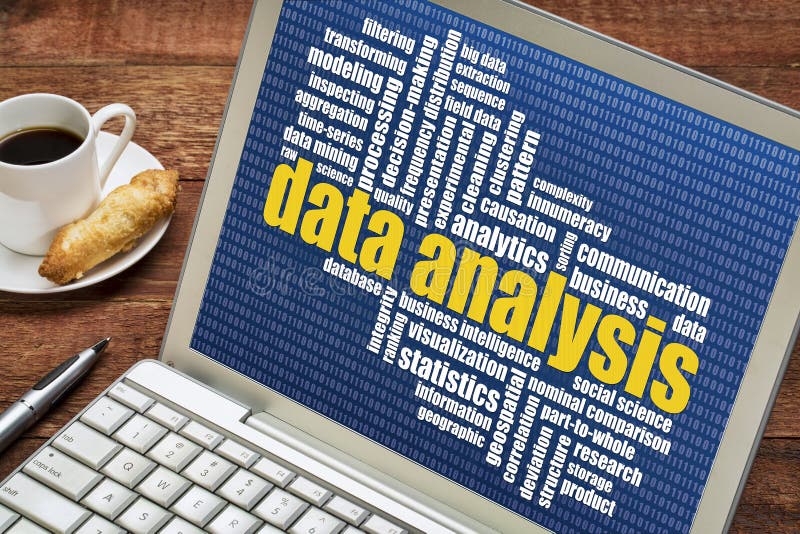 Data analysis word cloud on laptop royalty free stock image