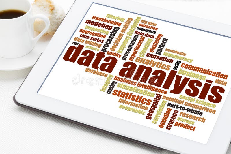 Data analysis word cloud on tablet royalty free stock photos