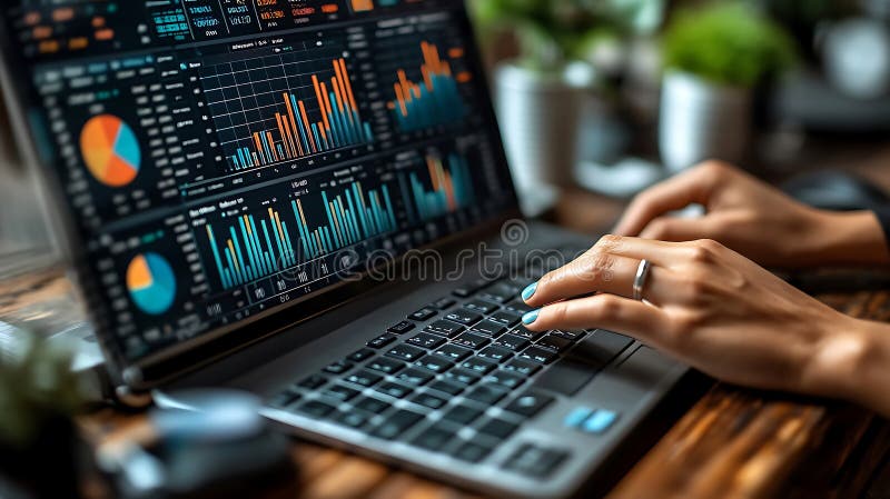 Data analyst typing on laptop, analyzing colorful charts and graphs. workspace features plants and wooden table, creating stock illustration