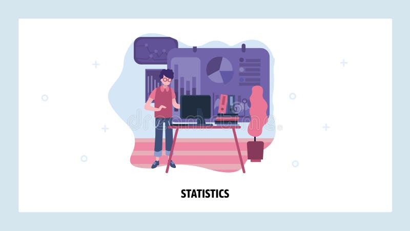 Data analytics, dashboard and business finance report. Man using computer to analyze data statistic. Vector web site royalty free illustration