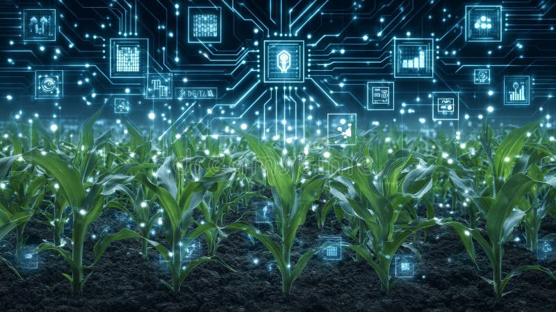 Data analytics and IoT sensors are harnessed by advanced precision farming technology to optimize crop production and stock photo