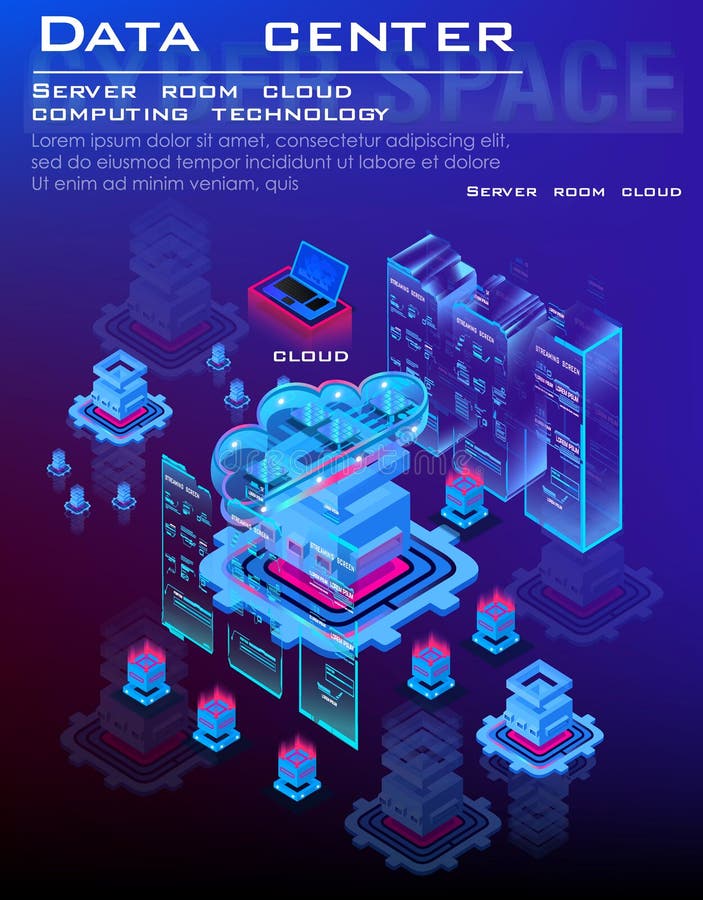 Data center and cloud computing isometric concept. Cloud data for storing and processing information. Process of work server proc vector illustration