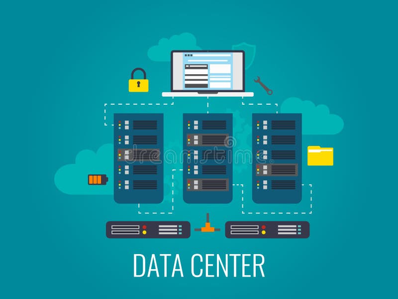Data Center. Cloud technologies concept. Computer server design. Web hosting and cloud database. Big data flow vector illustration