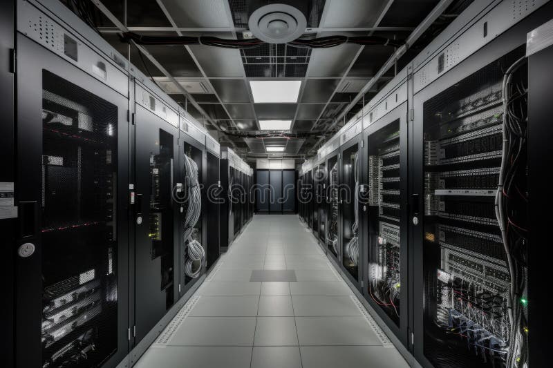 Data center con un'ampia gamma di server dispositivi di storage e apparecchiature di rete illustrazione di stock