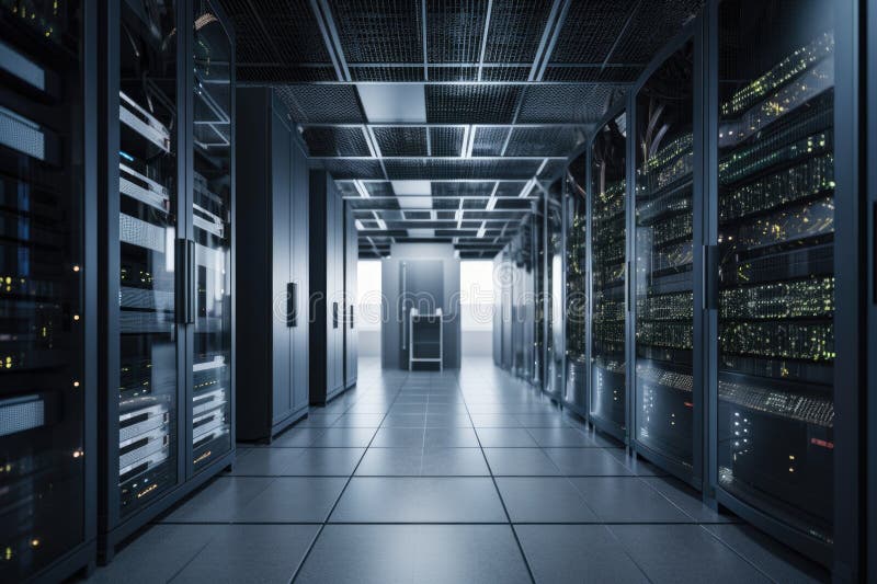 Data center con un'ampia gamma di server dispositivi di storage e apparecchiature di rete illustrazione vettoriale