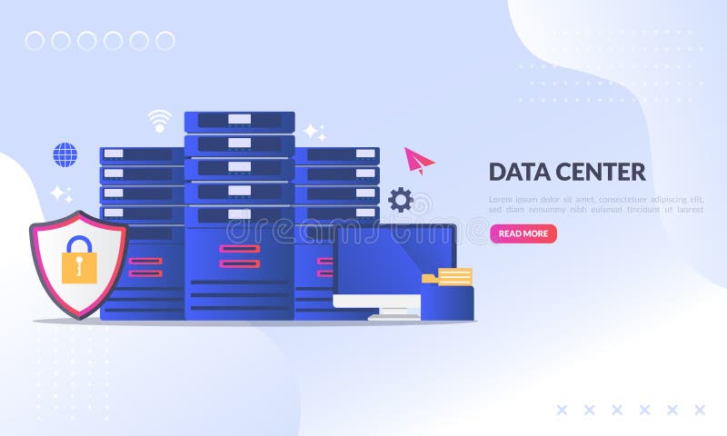 Data center concept, technology of data protection and processing, cloud connection hosting server, database synchronize system, stock illustration Data center concept, technology of data protection and processing, cloud connection hosting server, database synchronize system, stock illustration