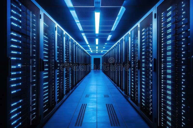 Data center corridor featuring rows of servers illuminated by blue lights royalty free stock image