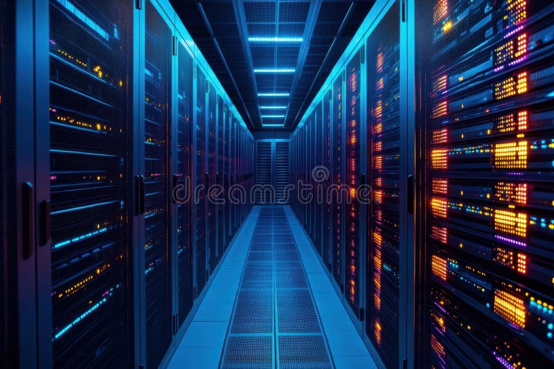 Data center corridor illuminated with colorful lights at night stock photography