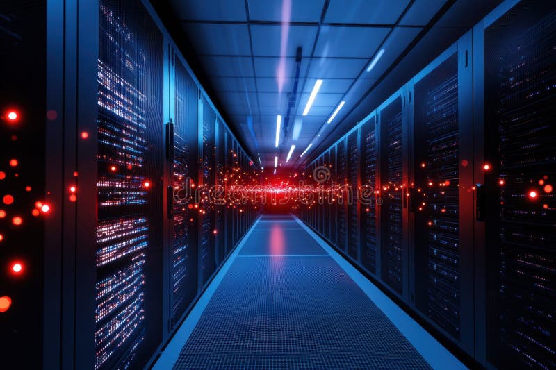 Data center corridor with illuminated servers and digital connections at night vector illustration