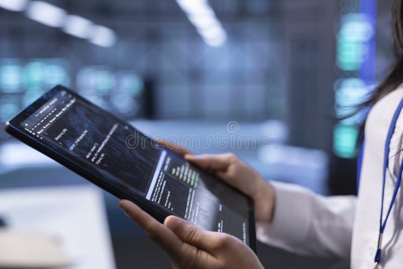 Data center developer uses computer to troubleshoot hardware and software errors stock images
