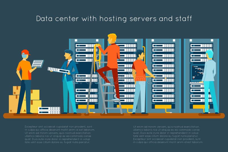 Data center with hosting servers and staff royalty free illustration