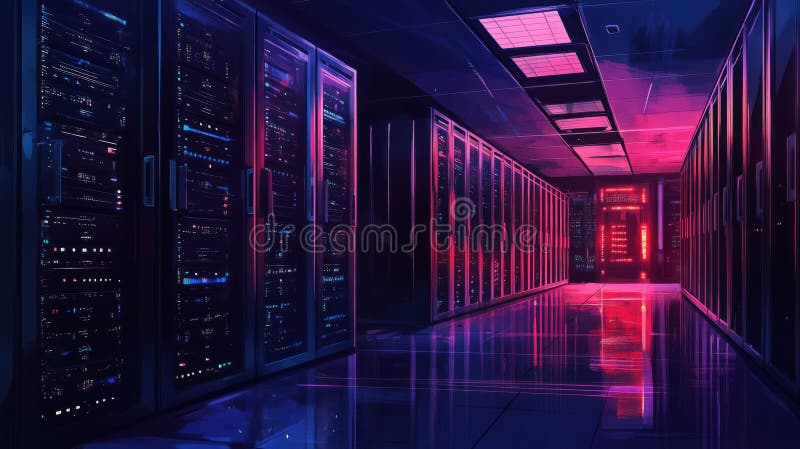 Data center with illuminated server racks, futuristic ambiance, vibrant colors royalty free stock images