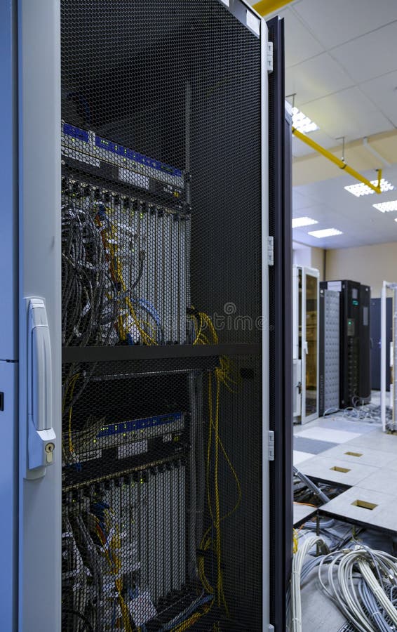 Data center installation , open server rack door. Installation of new equipment , construction of data center. stock photos