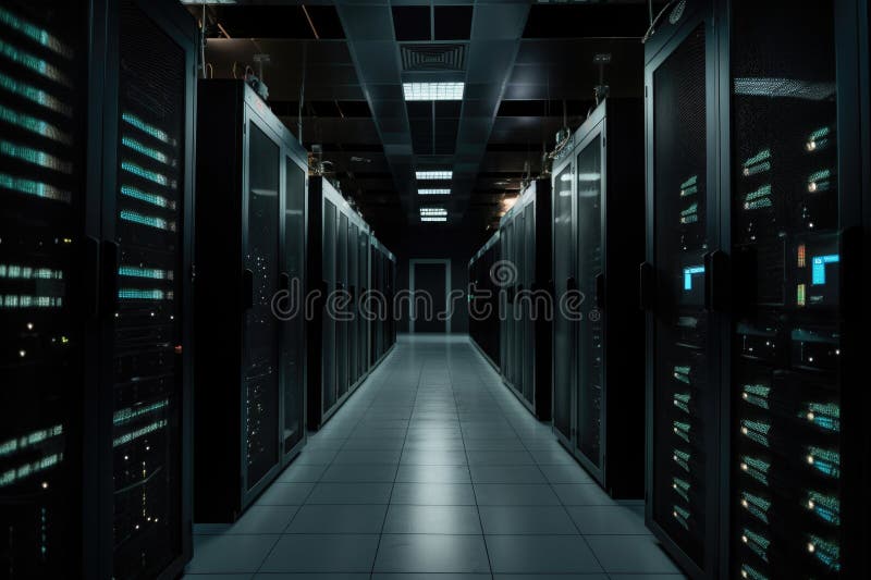 Data center with massive server racks, each one filled with servers and hard drives royalty free illustration