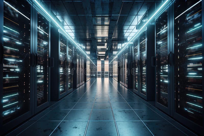 Data center with massive server racks, each one filled with servers and hard drives vector illustration