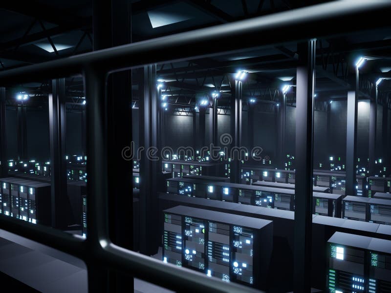 Data center with multiple racks used for cloud computing concept, digital network connection with hardware security information. Big data server room with modern technology. 3d render animation.