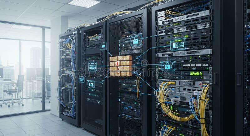 Data center with multiple server racks housing network equipment and cables. The stock illustration