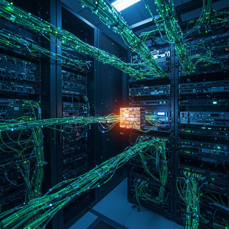 A data center with numerous server racks and network equipment. Green glowing stock illustration
