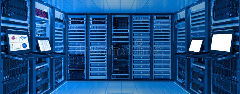 Data center room with server and networking device on rack cabinet stock image