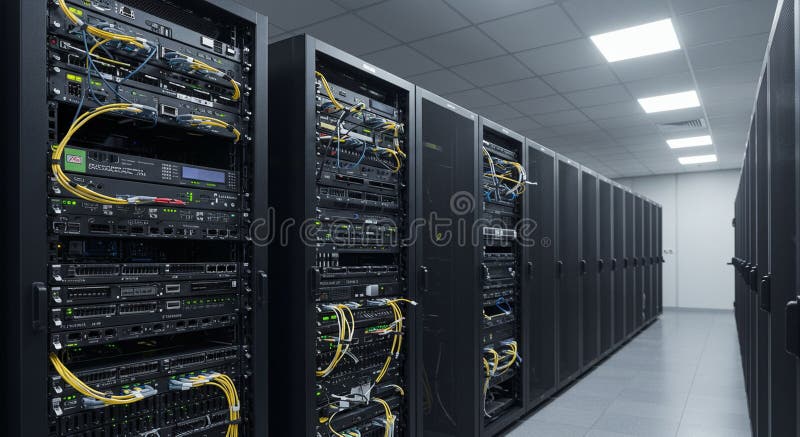 Data center with rows of server racks containing network equipment. Metal cabinets vector illustration