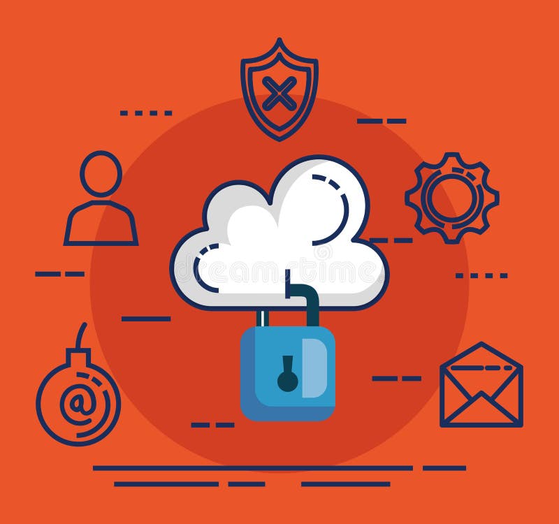 Data Center Security with Padlock Stock Vector - Illustration of cloud