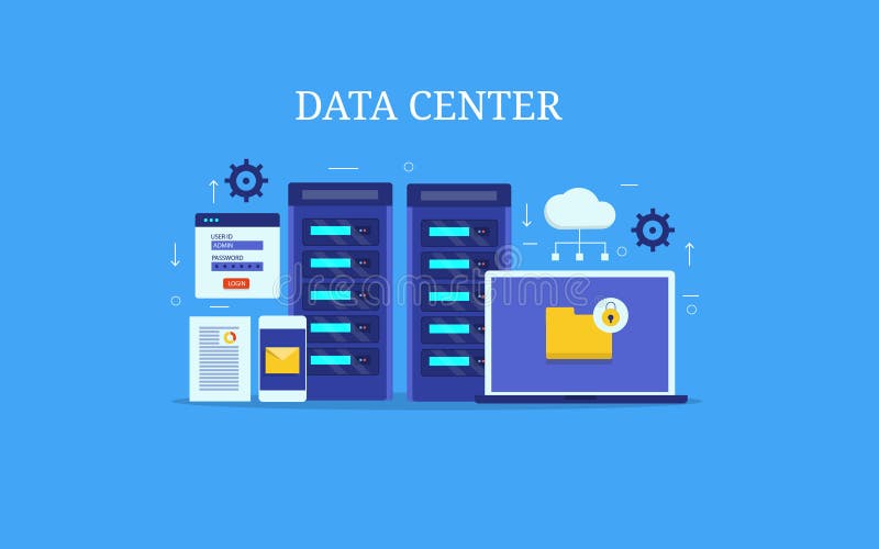 Data center, server management, cloud computing, hosting service, flat design concept. Vector banner. royalty free illustration