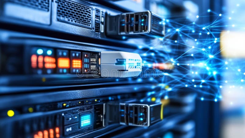 Data Center Server Network, Technology Cloud Computing, Big Data Storage, Digital Information Flow, Generated by AI