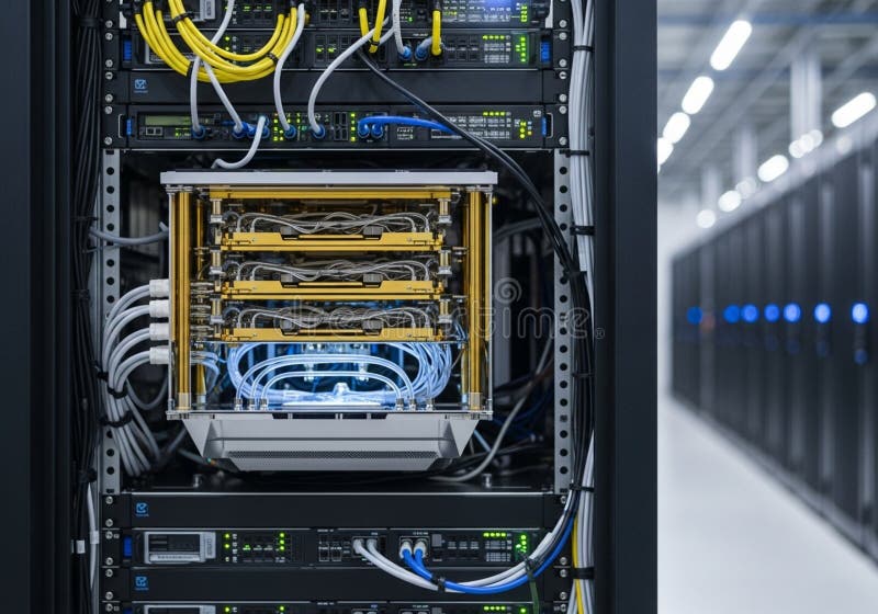 A data center with server racks, filled with network equipment and royalty free illustration